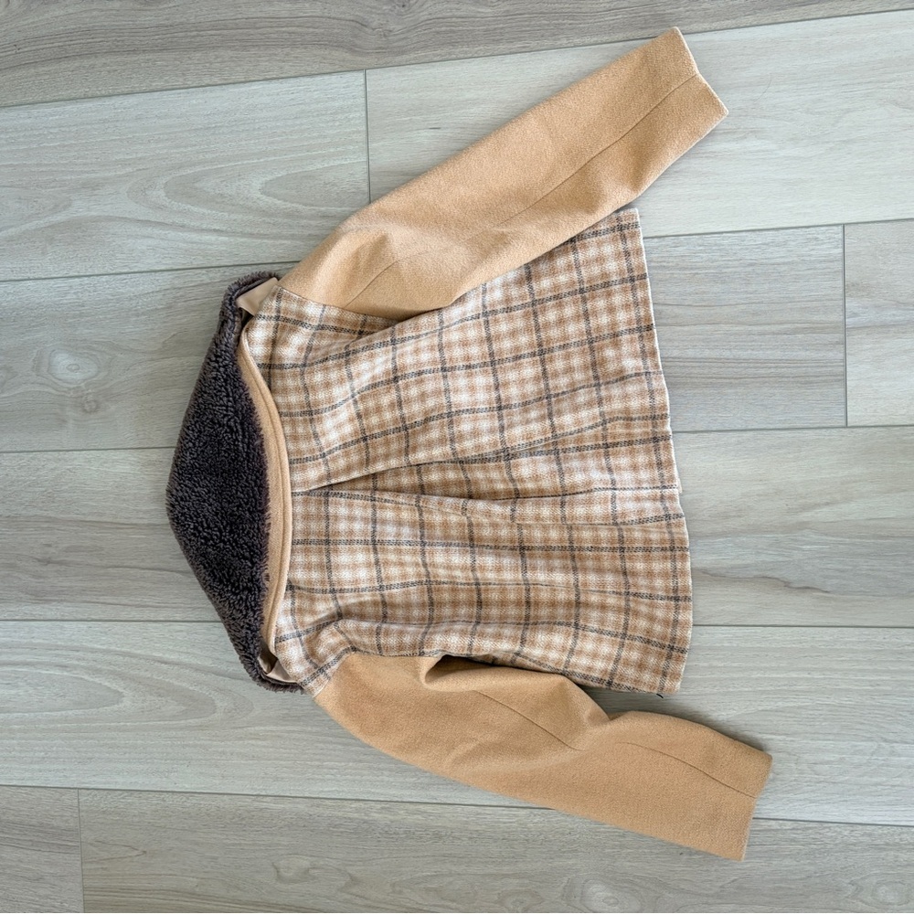 Rachel Parcell Tan Almond Plaid Double Breasted Faux Fur Collar Coat Size XS EUC - Picture 6 of 6